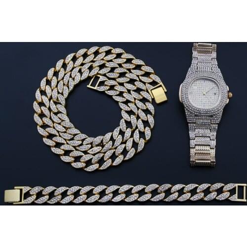 Silver Color Necklace +Watch+Bracelet Hip Hop Miami Curb Cuban Chain Iced Out Paved Rhinestones CZ Bling For Men Jewelry 2020New