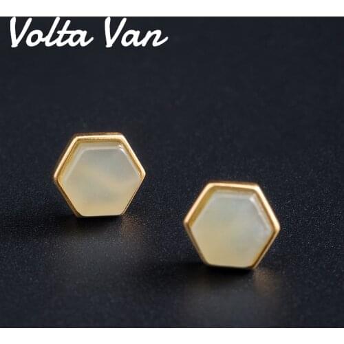 Volta Van 925 Sterling Silver Stud Earrings Natural Jade Vintage Fine Jewelry Hexagon 2021 New Concise Geometric Design Earrings