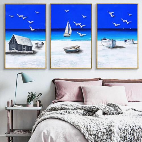 Nordic Simple Modern Fresh Canvas Painting Tranquil Beach Mediterranean Seagull Sailing Wall Art Decor Pictures For Living Room