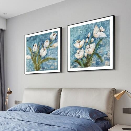 Modern White Flowers Canvas Blue Poster Painted Picture Print Nordic Wall Art For Living Room Bedroom Dinning Room Decoration