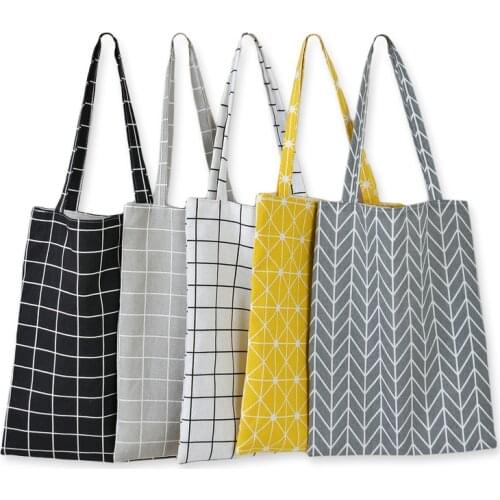 Tik Tok Same Shopper Bags Reusable Linen Shoulder Bag ECO Shopping Plaid Bag Womens Handbags No Lining Foldable Pouch