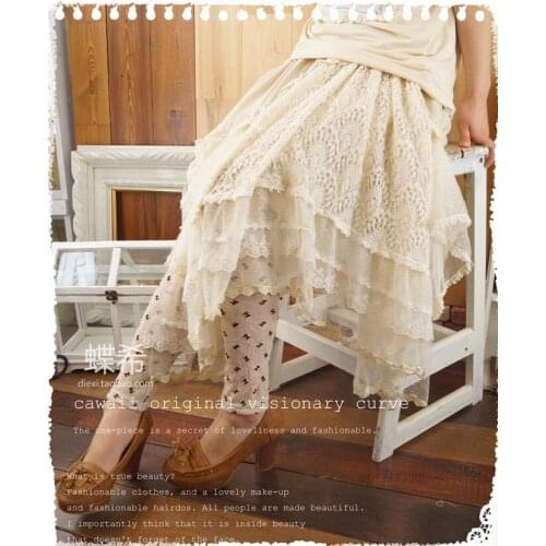 Mori Girl Lolita Elastic Waist Lace Skirt Loose Casual fairy princess Lace Gothic Skirt Women Tunic Boho Skirt Saia Lady Skirts