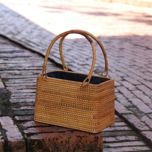 Hand-woven Women Handbag Vietnam Autumn Rattan Woven Carrying Bag Pure Cotton Lining Tea Set Storage Bag a6102