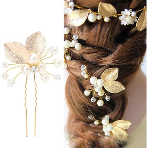Womens Hair Clip Leaf Rhinestone Faux Pearls Hairpin Bridal Bobby Pin Jewelry
