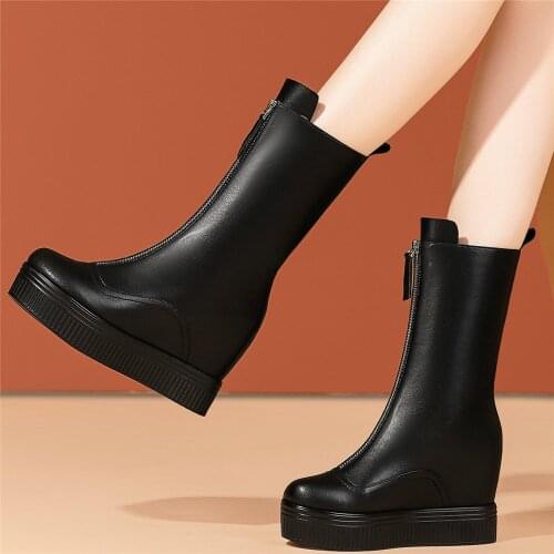 Winter Warm Creepers Women Genuine Leather Wedges High Heel Ankle Boots Female High Top Round Toe Fashion Sneakers Casual Shoes