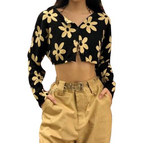 Women Floral Print Cropped Tops, Long Sleeve V-neck Cardigan with Buttons for Spring, Autumn