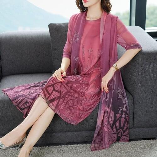 2021 Red Floral Fake Two Piece Chiffon Midi Dress Spring Summer Vintage 4XL Plus Size Dress Women Elegant Bodycon Party Vestidos