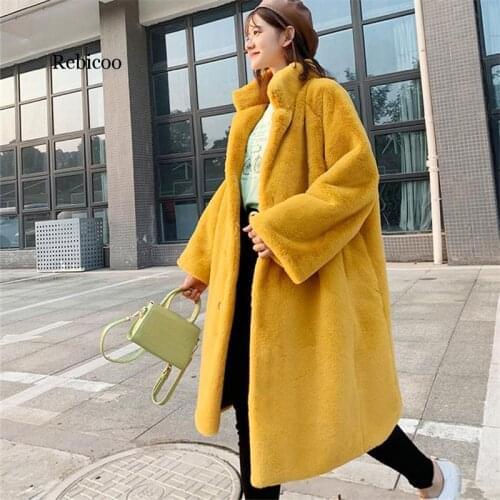 Winter Coat Women High Quality Faux Rabbit Fur Coat Luxury Long Fur Jacket Loose Lapel OverCoat Thick Warm Female Plush Coats