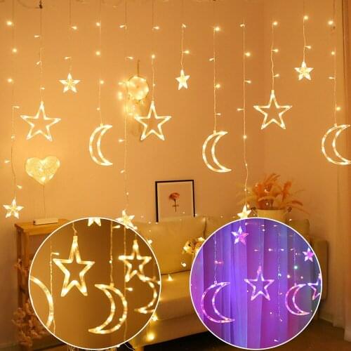 Stars Moons 8 Lighting Modes LED Curtain Twinkle String Lights Home Decor Lights for Bedroom Wedding Valentine Wall TV Backdrop