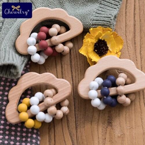 1PC Baby Teether Music Rattle Food Grade Silicone Bead Teething Bracelet Wood Cloud Rattle Montessori Baby Product Newborn Gifts