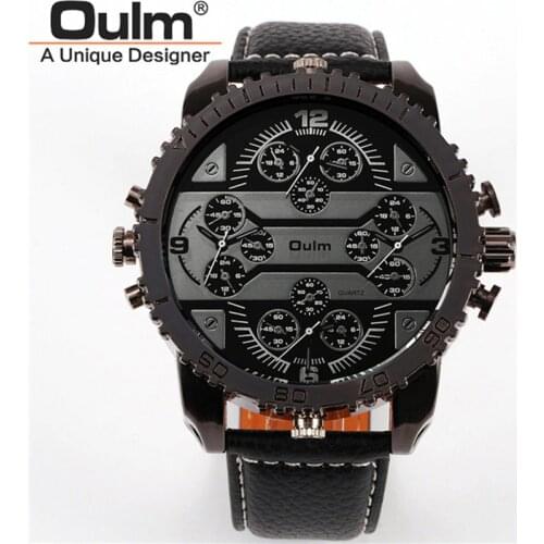 2018 Top Brand OULM 3233 Mens Watches High Quality Leather Strap 4 Time Zone Fashion Big Japan Movt Casual Quartz Wrist Watch