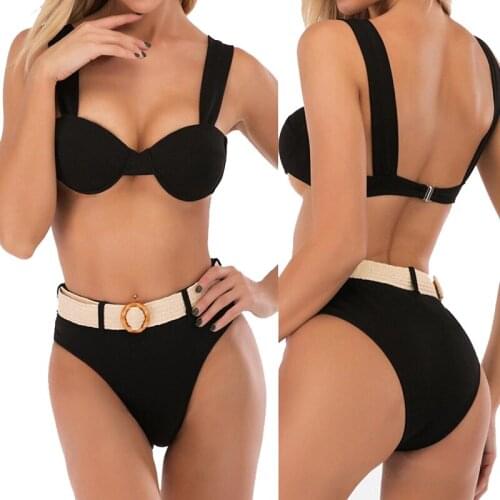2020 Sexy Bikini Set for Women Female Push Up Padded Swimsuit Etal Buckle Belt Swimwear Slim Bathing Suit Cotton High Waist