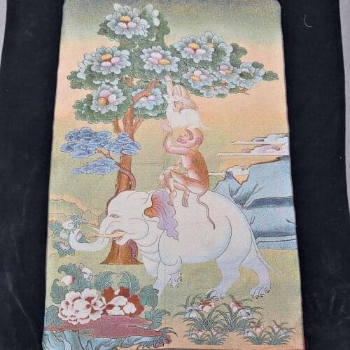 35" Thangka embroidery Tibetan Buddhism silk embroidery brocade Nepal Monkey riding a white elephant statue Goat rooster statue