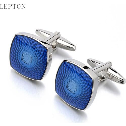 Hot Sale Blue Enamel Cufflinks For Mens Lepton Brand Fashion Stainless Steel Square Blue Cuff links Best Gift gemelos With Box