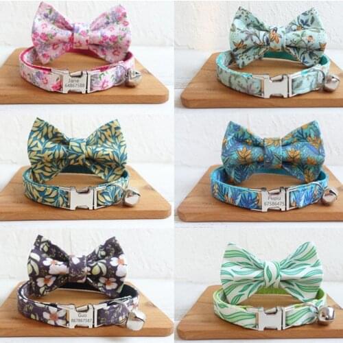 Flower Print Personalized Cat Collar with Bell Bowtie Custom Kitten Collars Engraved Pet Cats Puppy Necklace Collar for Cat Dogs