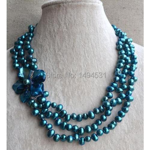 Wholesale Pearl Jewelry - Teal Shell Flower Necklace - 4 Rows 17-19 Inches 7-8mm Freshwater Pearl Necklace , Wedding Party Gift
