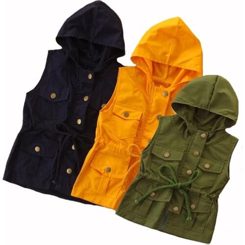 Fall/winter baby girls and boys cotton Navy mustard olive button string pocket hoodie vests