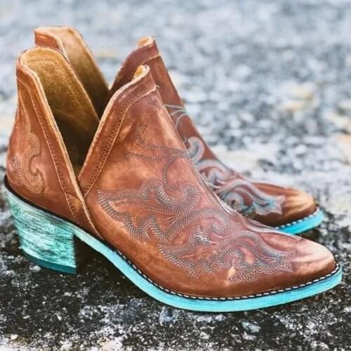 Autumn Winter Casual Western Cowboy Ankle Boots Women Leather Cowgirl Boots Short Cossacks Botas High Heels Shoes Botas Mujer