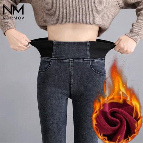 NORMOV Thick Plus Velvet Leggings Women High Waist Skinny Winter Leggings Simple Warm Slim Fit Stretch Casual Denim Pants