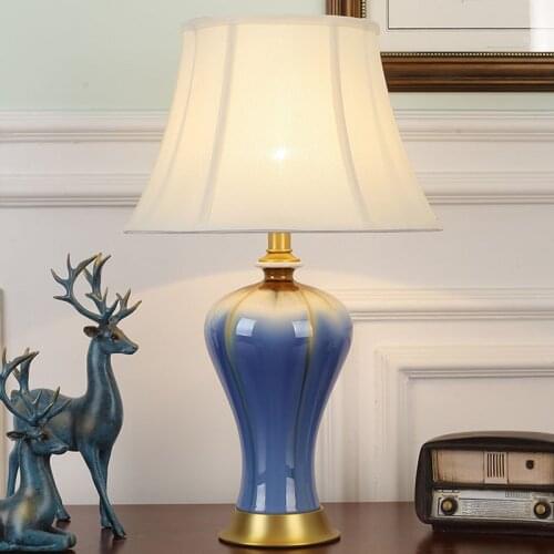 SAROK Modern Ceramic Table Desk Lamp Blue LED Copper Decorative Bedside Lamp For Home Study Foyer Office Bed Room