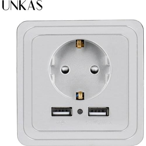 UNKAS EU Plug Socket Power Outlet PC Panel Grounded 2000mA Double USB Gray Decorative Wall Socket 5V Home Accessories