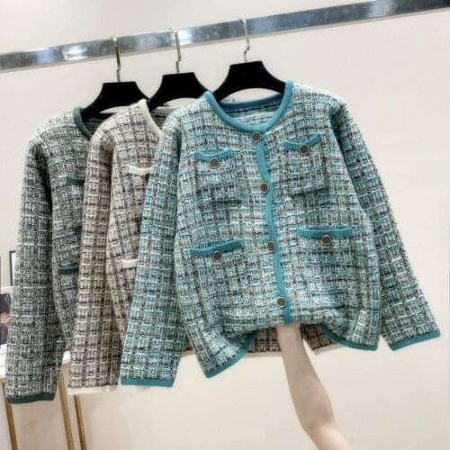 Tweed Jacket Vintage Fashion Suit Cardigan Coat Vintage Kawaii Green Cute Tops Y2k Crochet Knit Channel Oversized Sweater Jersey