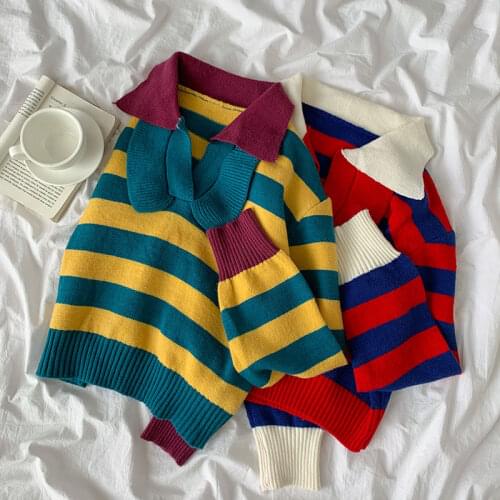 Vintage Streetwear Crop Sweater Women Turn-Down Collar Long Sleeve Hit Color Striped Pullovers Korean Preppy Style Sueter Mujer