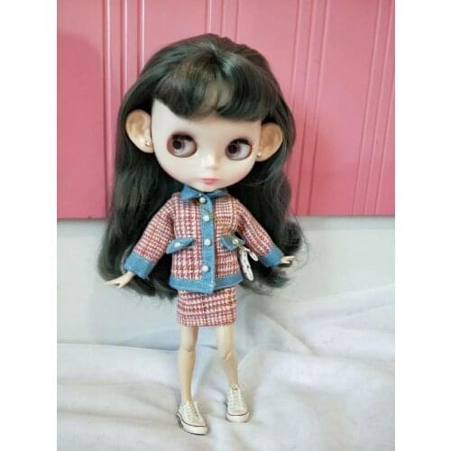 Blythes size doll clothes is versatile with pink plaid denim long-sleeve coat + plaid wrap skirt doll accessories