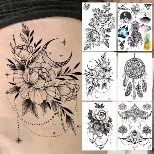 Sexy Flower Moon Temporary Tattoos For Women Girls Black Henna Tattoos Sticker Tribal Dreamcatcher Peony Large Tatoos Back Body