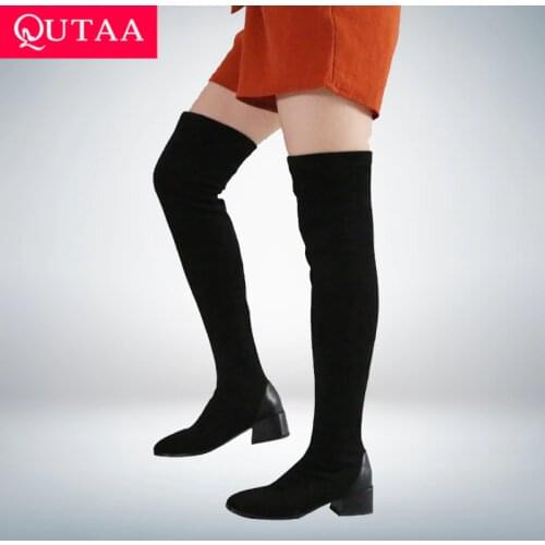 QUTAA 2021 Women Over The Knee Boots Autumn Winter Square Toe Women Shoes Stretch Flock PU Square Heel Long Boots Size 34-43