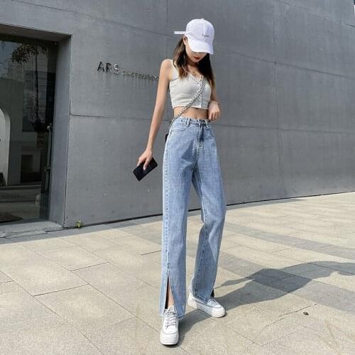 Womens high-waisted wide-leg split jeans in summer