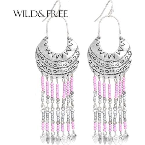 Wild&Free Boho Colorful Beads Tassel Earring Statement Jewelry Women Tibetan Geometric Carving Pattern Alloy Dangle Earring Gift