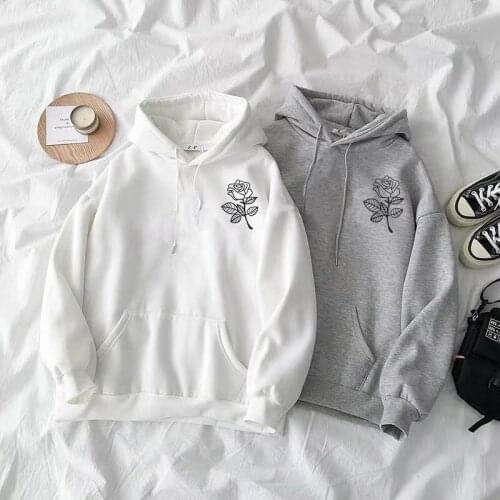 Women Harajuku Flower Sweatshirts Hoodies Winter Kpop Rose Print Hooded Korean Style Pullover Loose Plus Size Female Sweatshirts