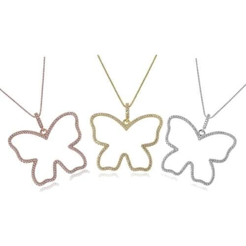 Micro Pave Clear Cubic Zirconia CZ Big Hollow Butterfly Frame 41+10CM Box Chain Iced Out Women Pendant Necklace
