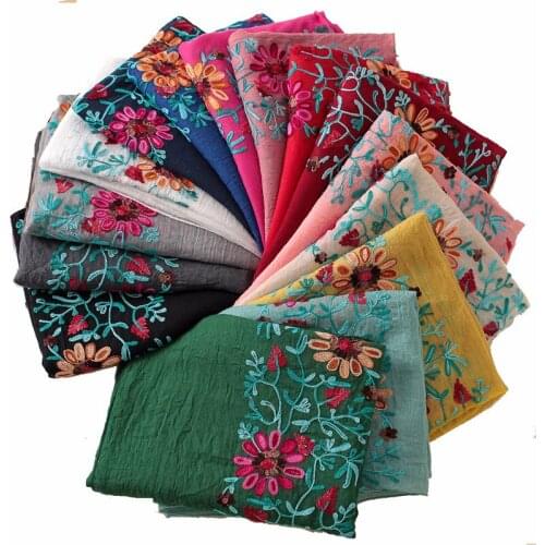 Winter Scarves Twill Embroidery Women Scarf Vintage Summer Pashmina Cotton Shawls and Wraps lady Floral Bandana Female Hijab Hot
