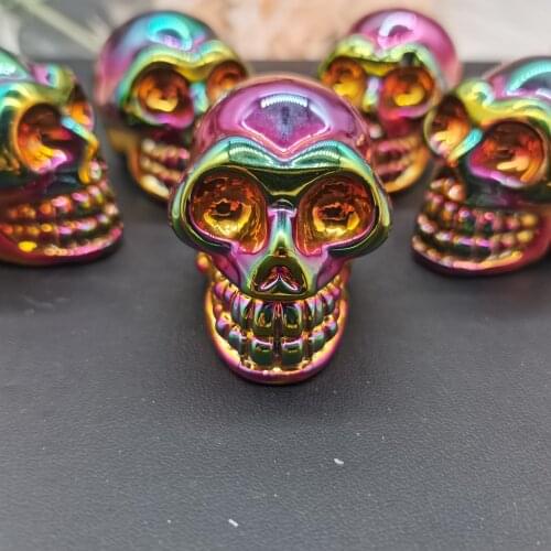 1 pcs Angel Aura Stone Skull Rainbow Electroplating Crystal Good Carved Reiki Healing Home Decoration Random Delivery
