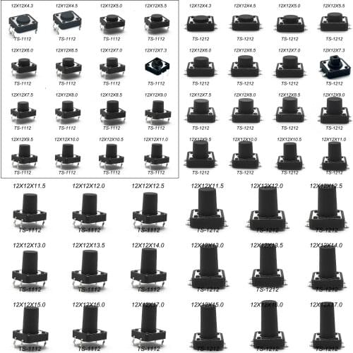 10PCS 12X12 H=4.3/4.5/5/5.5/6/7/8~17MM 4PIN DIP Momentary Tactile Tact switch Push Button Switch BLACK