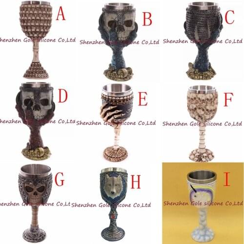 12pcs/lot 200ml Double Wall Resin Stainless Steel 3D Skull Drinking Mug Personalized Dragon Bone Skull Metal Wine Goblet Cup Mug