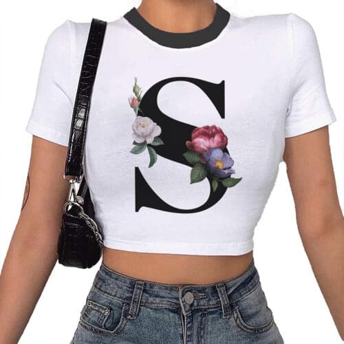 2021 Summer Harajuku Bouquet English Letters S Printed Female Tshirt Crop Top T Shirt Vogue New Sexy Casual O-neck Women T-Shirt