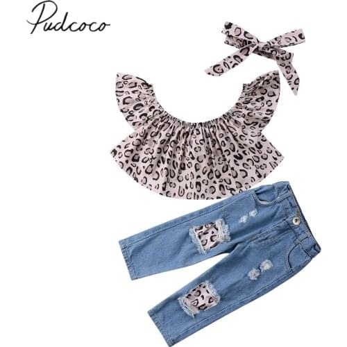 2018 Brand New Toddler Infant Child kids baby Girl Outfits Clothes Leopard Tops Destroyed Jeans headwear 3Pcs Fashion Summer Set