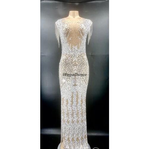 Sparkly Big Crystals Mesh Perspective Dress Evening Party Dresses Birthday Costume Singer Performance Dance