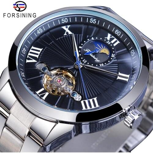 Forsining Classic Men Tourbillon Mechanical Watch Fashion Brand Black Moonphase Business Steel Band Automatic Clock Reloj Hombre