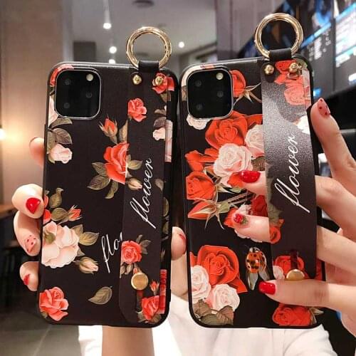 Boucho Vintage Flower Wrist Strap Case For iphone Xs max 12 11 Pro Max XR 7 6 6S 8 plus Soft Silicone Phone Holder Case Cover