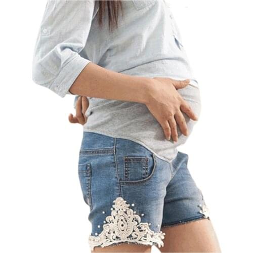 Maternity Large Size Denim Shorts Casual Elastic Waist Lace Capris Fashion Rhinstone Patchwork Pants Pregnancy Belly Jeans Short