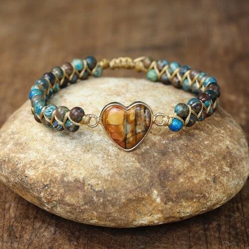 Blue Crazy Lace Agates Heart Shape Charm Bracelets Couple Lover Bohemia Yoga Braided Wrap Bracelet Handmade Jewelry