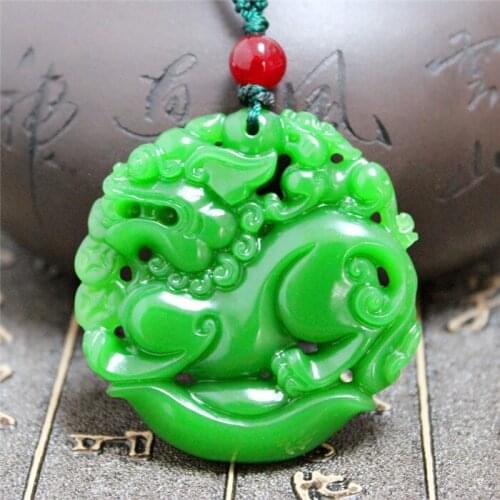 CHINESE GREEN JADE HAND CARVING "CHINA DRAGON" GOOD LUCK NECKLACE PENDANT