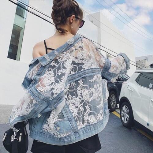 2021 New Summer Long Sleeve Plus Size Jeans Jackets Womens Coat Loose Lace Stitching Perspective Tops Jacket Ladies Denim Coats