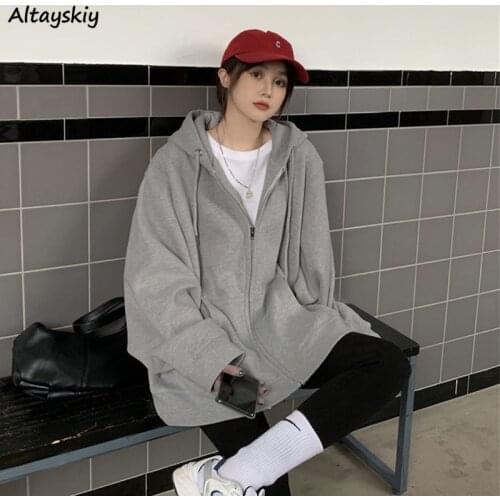 Jackets Women Loose Solid with Hat Casual Spring Autumn Zipper Casual BF Ulzzang Harajuku Streetwear Trendy New Hot Sale Couple