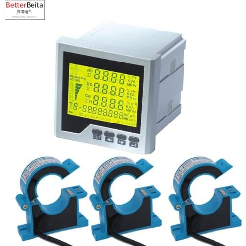 AC 100A 200A 300A 400A 500A 450V 3 phase LCD multifunction meter with RS485 power factor power energy KWh A V Watt panel meter