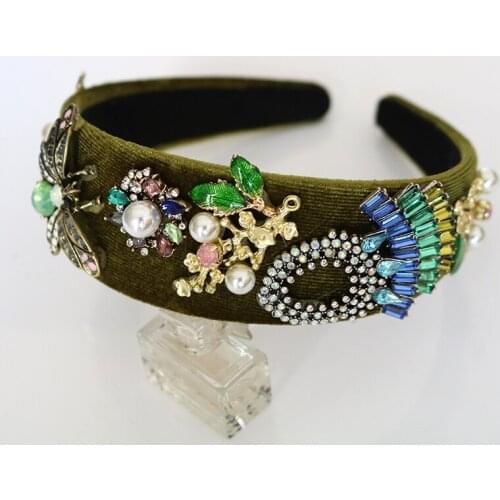 Trendy Baroque Velvet Sector Crystal Flower Headband Crown Metal Insect Tiaras Bride Wedding Hair Accessories Charm Jewelry Gift